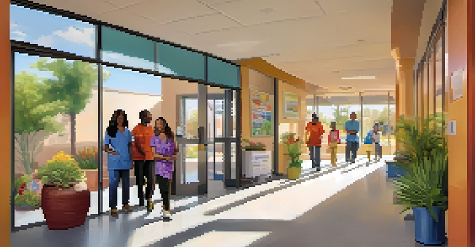 A community health clinic in Phoenix with families entering, staff in scrubs assisting patients, and bright sunlight streaming through windows.