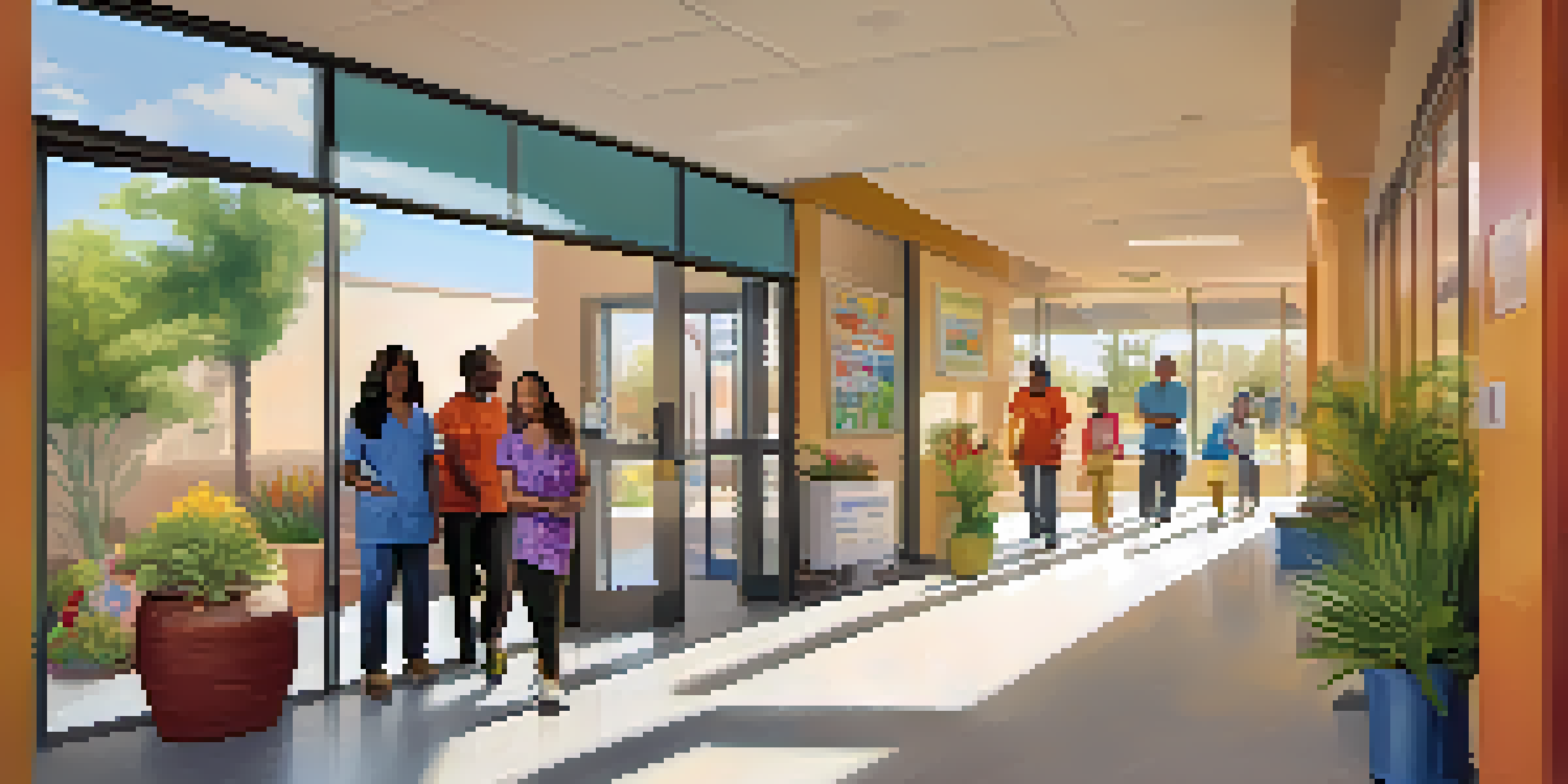 A community health clinic in Phoenix with families entering, staff in scrubs assisting patients, and bright sunlight streaming through windows.