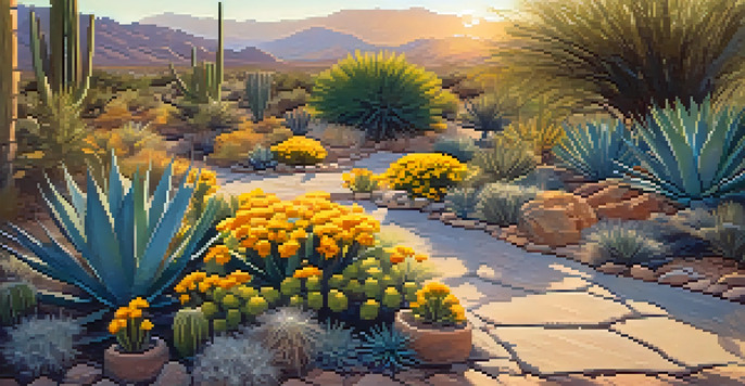 A colorful desert landscape featuring agave and desert marigold plants with flagstone pathways under a glowing sunset.
