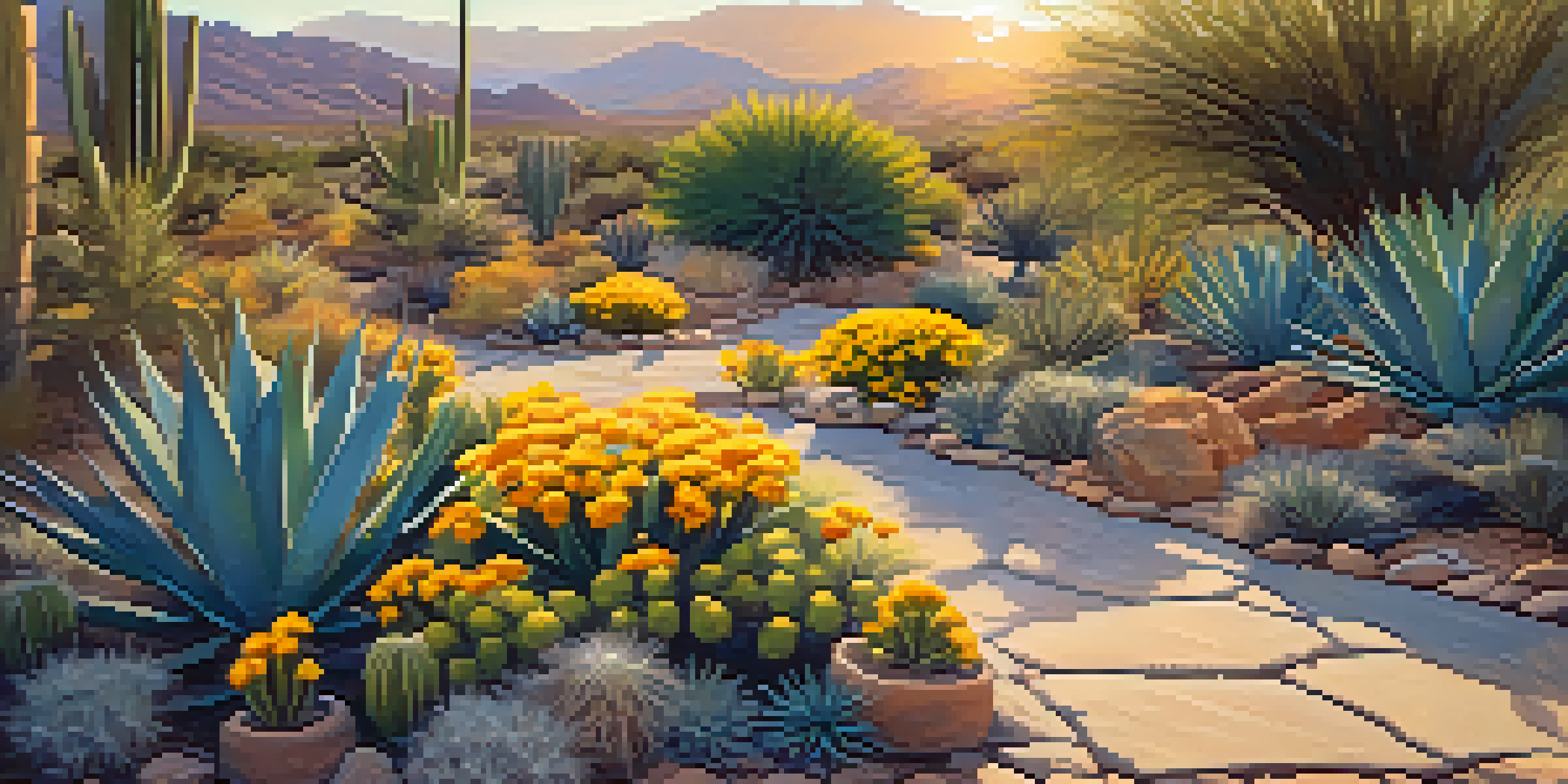 A colorful desert landscape featuring agave and desert marigold plants with flagstone pathways under a glowing sunset.