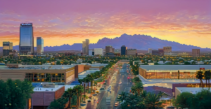 A panoramic view of downtown Phoenix with a colorful sunset, modern buildings, and desert plants in the foreground.