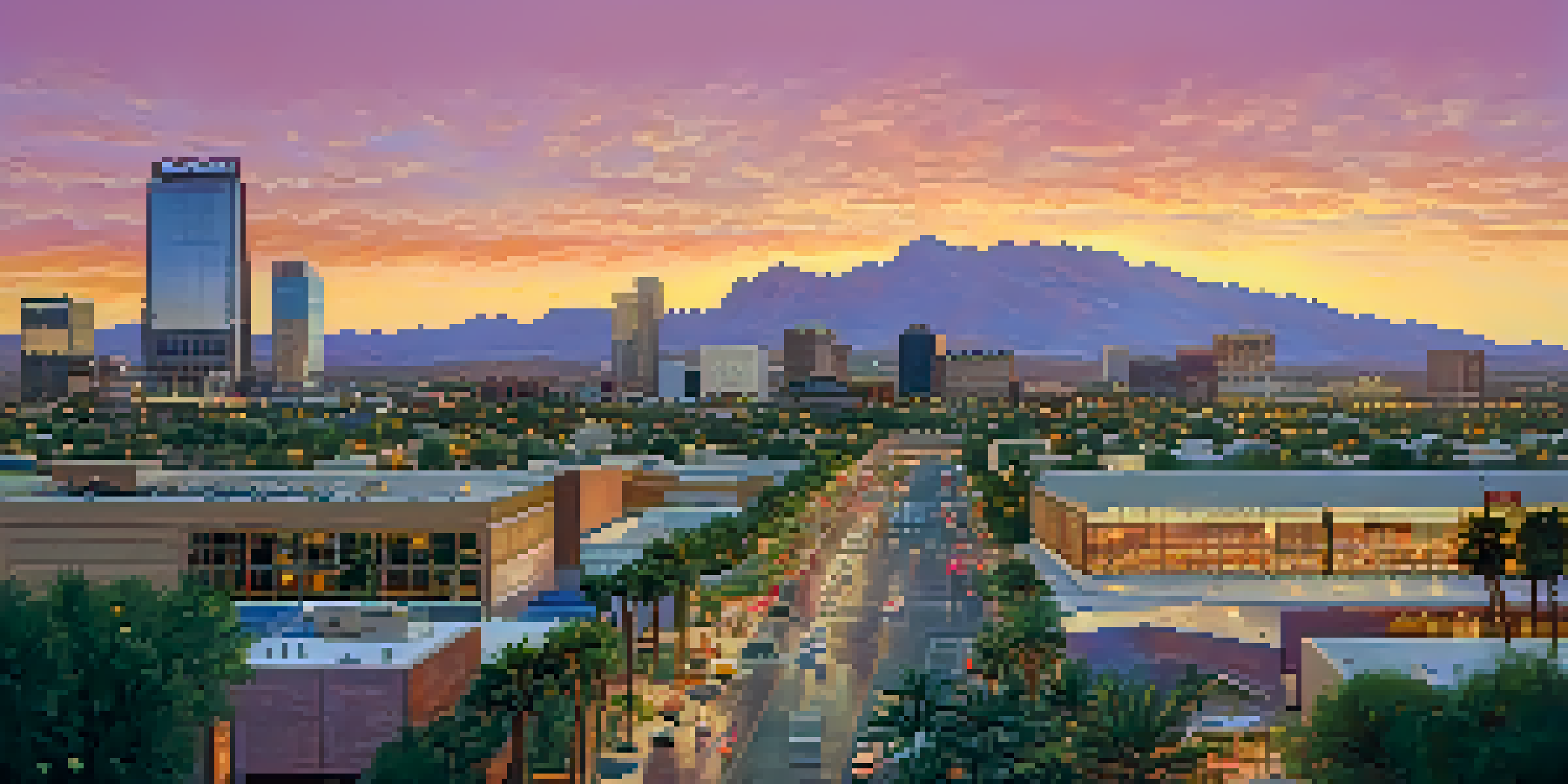 A panoramic view of downtown Phoenix with a colorful sunset, modern buildings, and desert plants in the foreground.