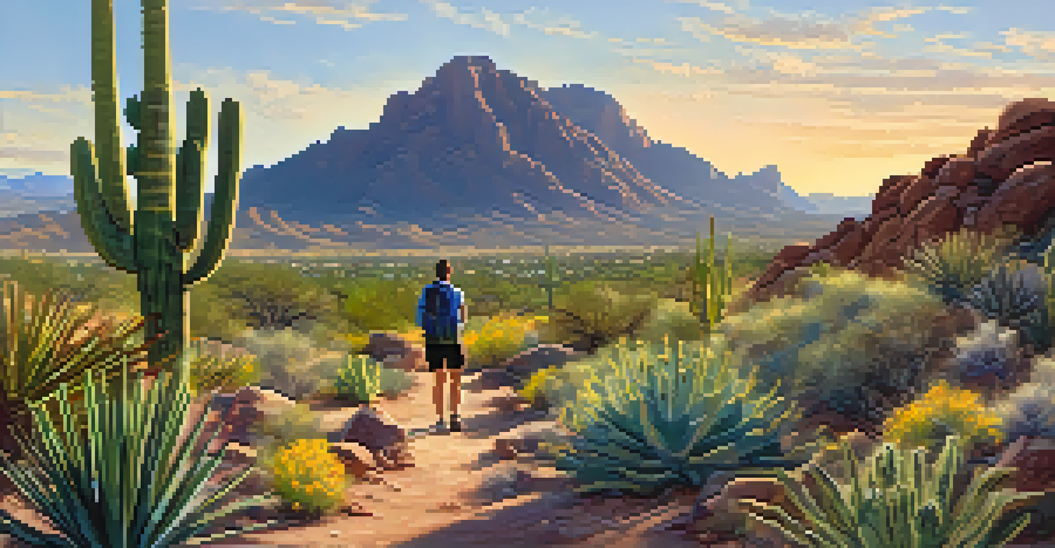 A hiker enjoying the breathtaking view of Camelback Mountain in the early morning light, surrounded by desert flora.
