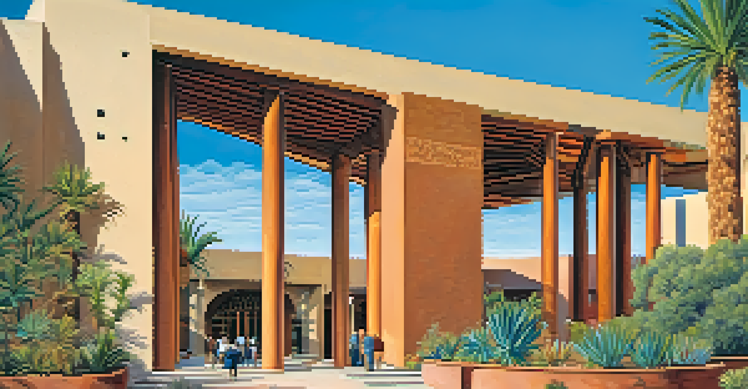A view of the Heard Museum in Phoenix, featuring unique architecture and surrounded by desert plants and flowers under a clear blue sky.
