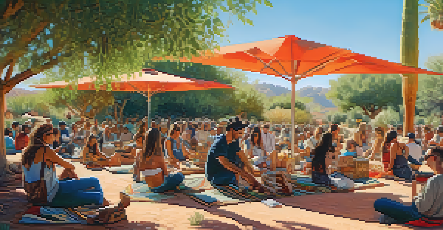 An intimate outdoor music festival in a garden setting with musicians performing and attendees enjoying the serene atmosphere.