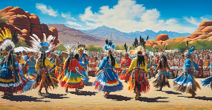 A lively powwow in Phoenix with Native American dancers in traditional costumes, set against a desert landscape and blue sky.