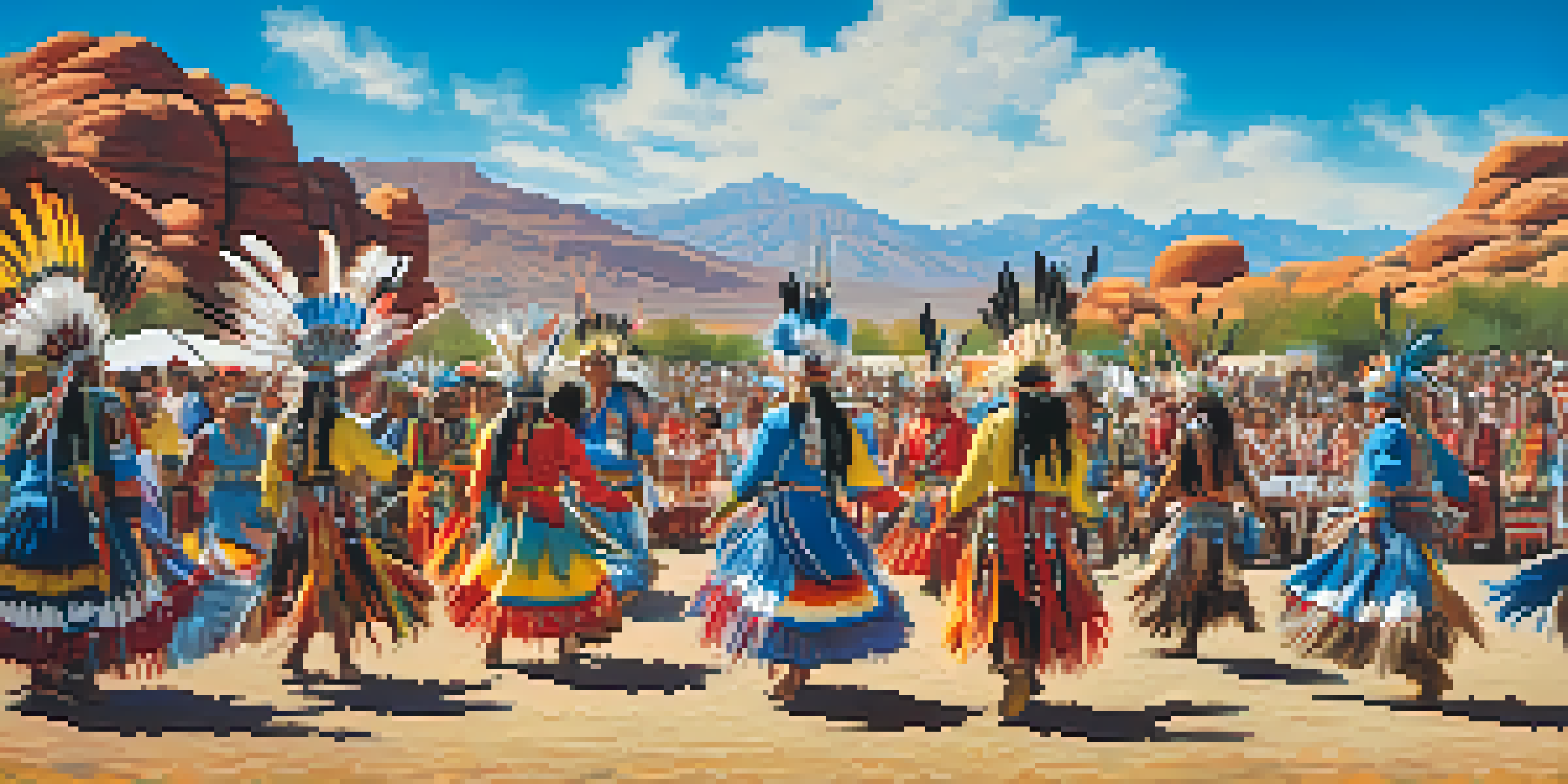 A lively powwow in Phoenix with Native American dancers in traditional costumes, set against a desert landscape and blue sky.