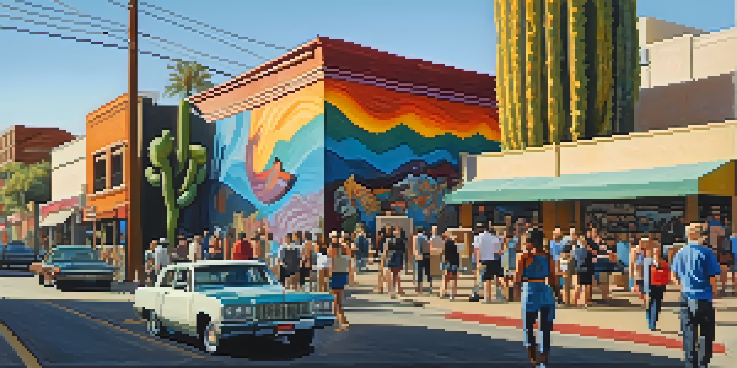A lively street in Roosevelt Row, Phoenix, filled with colorful murals and local artists engaging with visitors under the warm sunlight.
