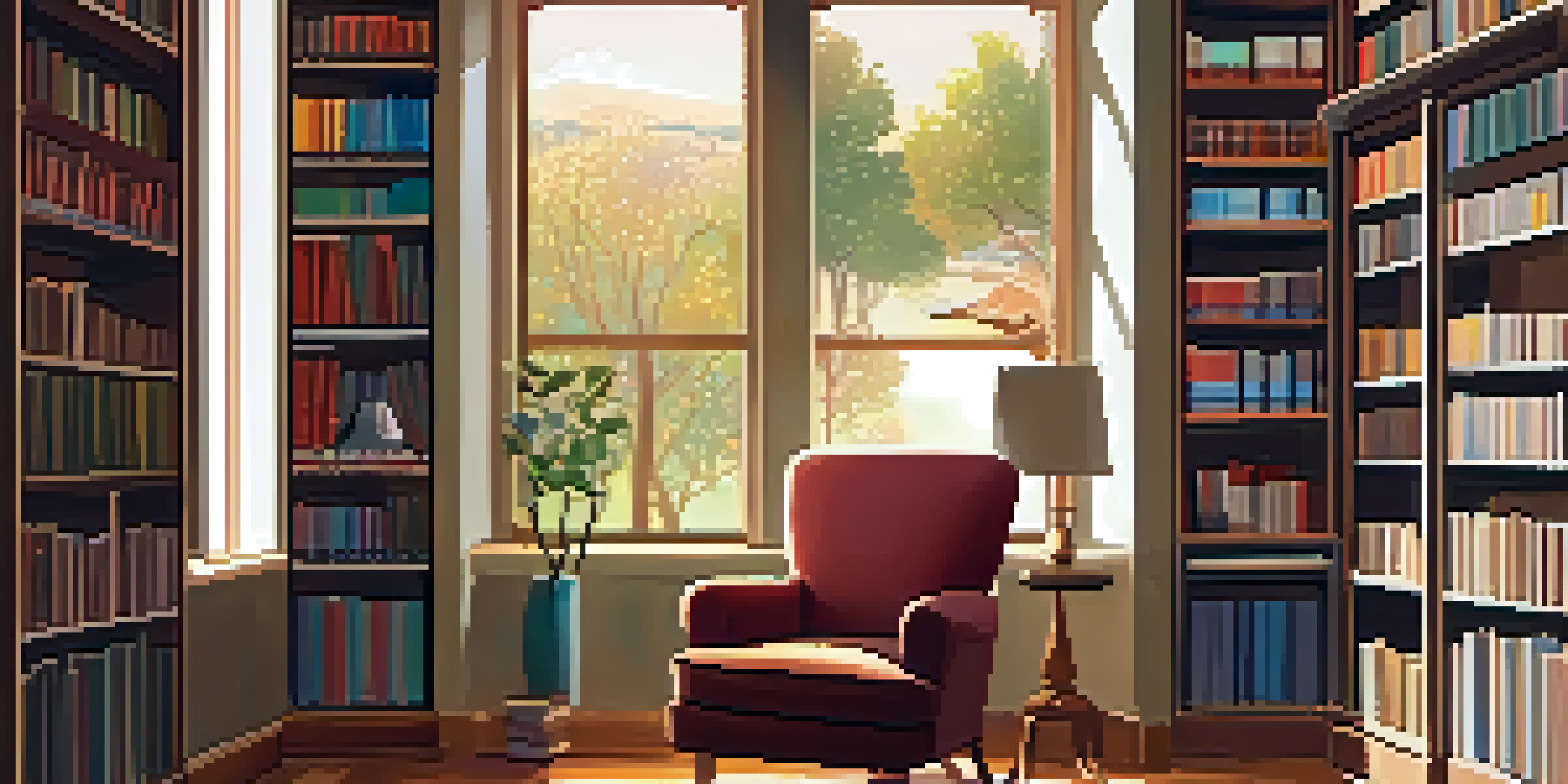 A cozy reading nook with a comfortable armchair, a side table with a coffee cup, and bookshelves filled with books, bathed in warm lighting.