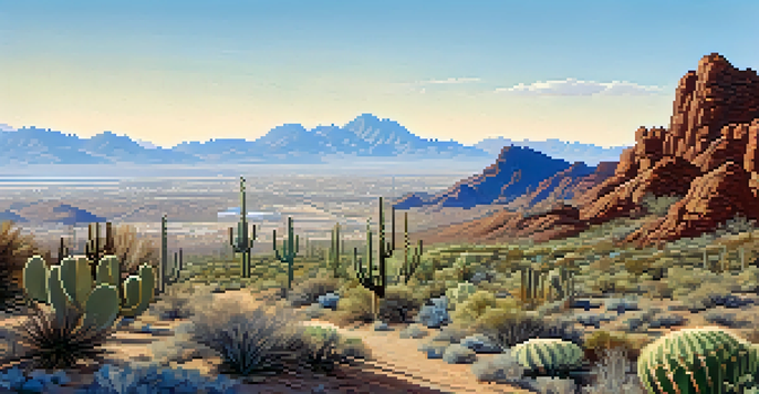 A scenic winter landscape in Phoenix, highlighting cacti and a hiking trail under a clear sky with distant mountains.