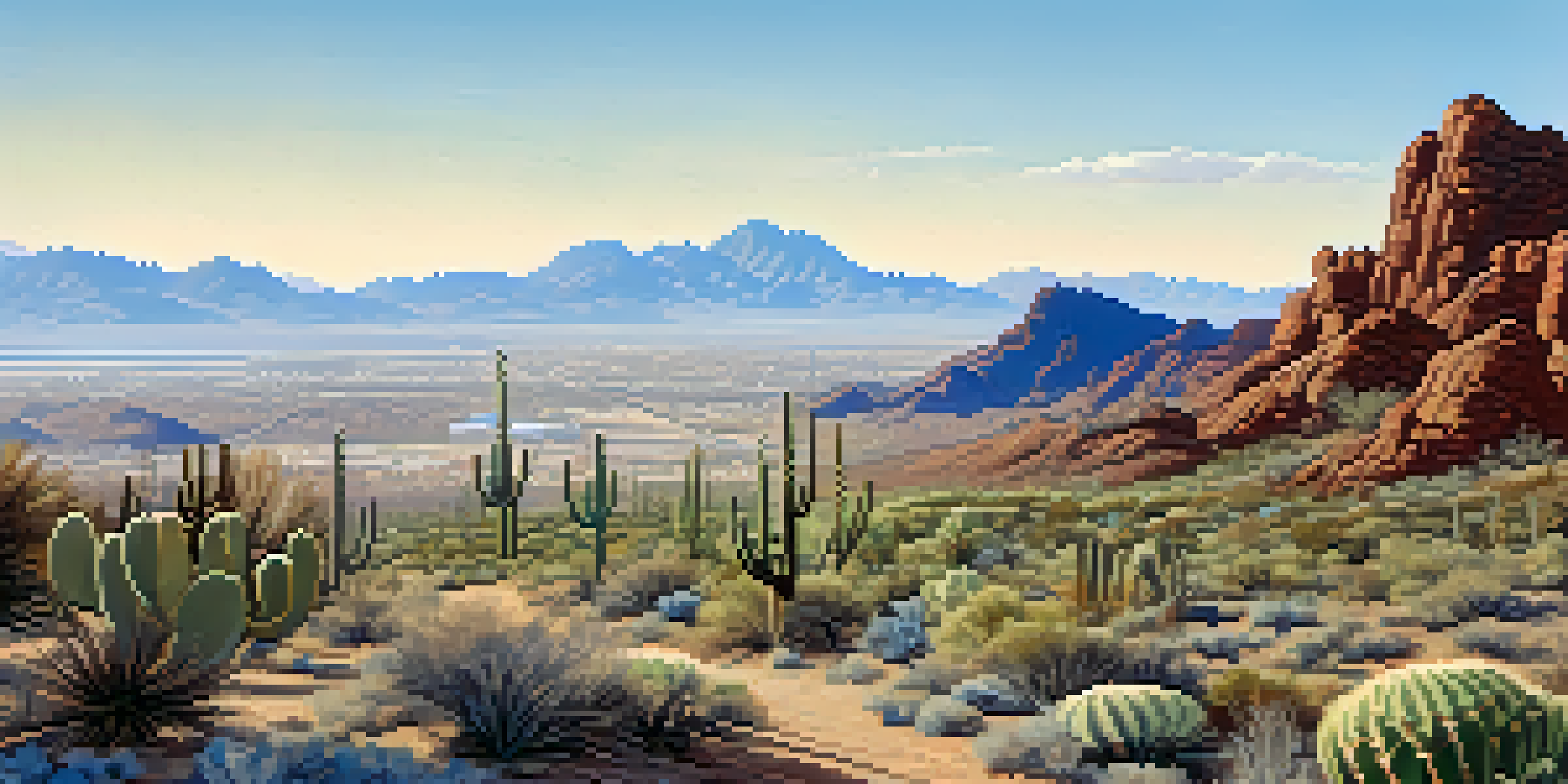 A scenic winter landscape in Phoenix, highlighting cacti and a hiking trail under a clear sky with distant mountains.