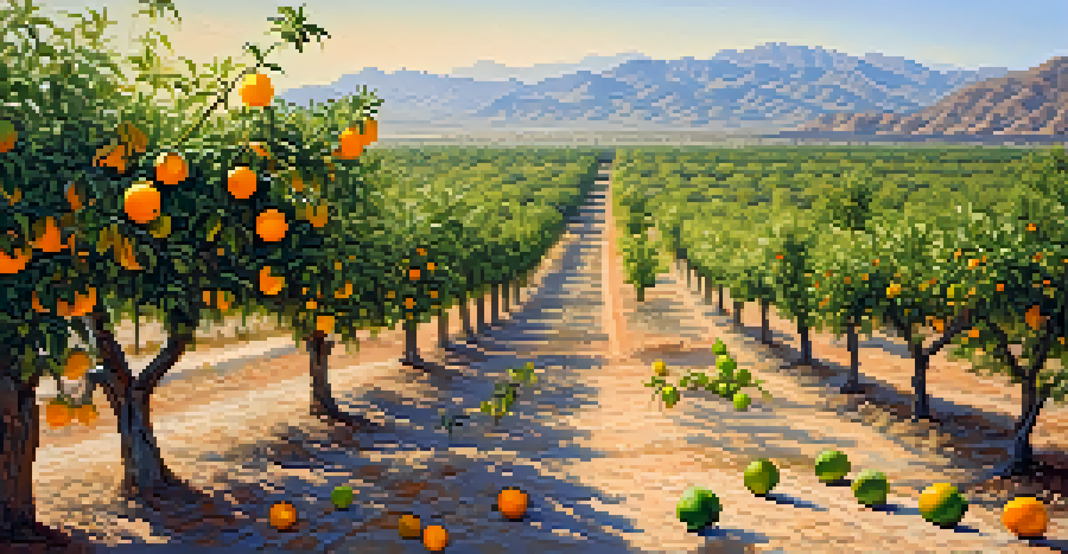 A citrus orchard near Phoenix with ripe orange and lemon trees under soft morning light and desert mountains.
