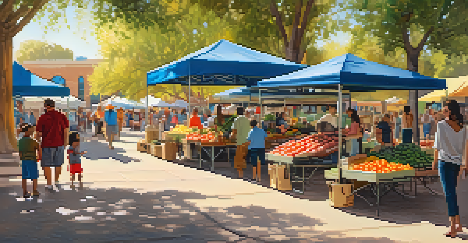 A vibrant community market day in a public park in Phoenix, with families and colorful booths under warm golden hour light.