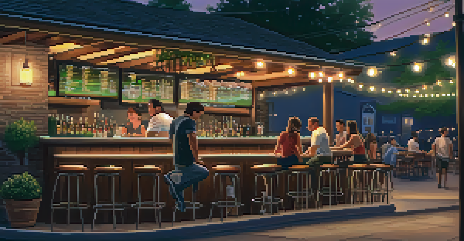 A cozy outdoor patio at a sports bar in Arcadia, with patrons enjoying food and drinks while watching a game on a big screen under warm lighting.