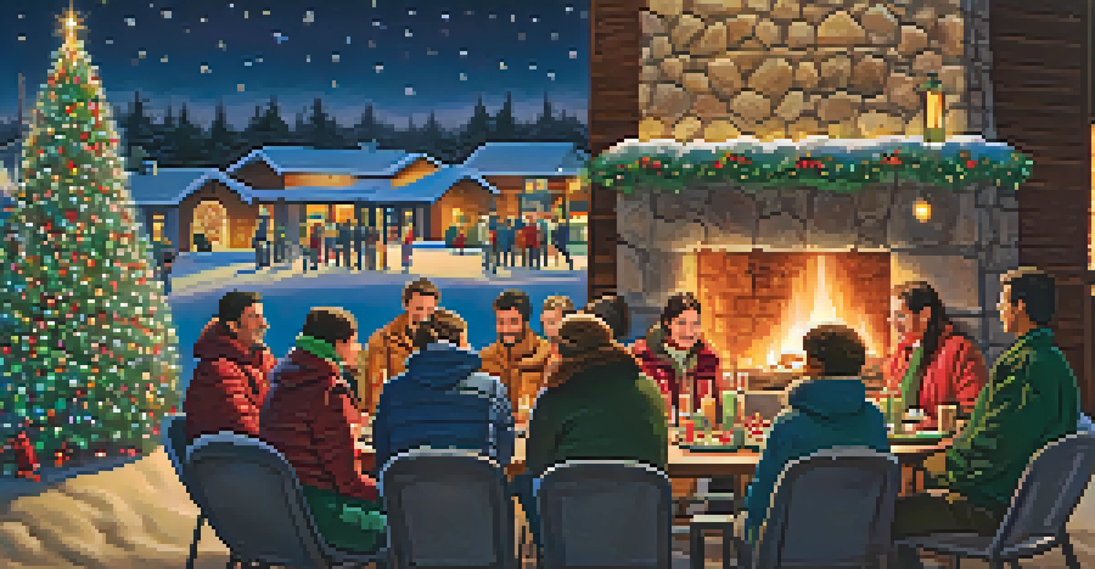 A winter gathering in Phoenix with people around a fireplace, surrounded by holiday lights and a starry sky.