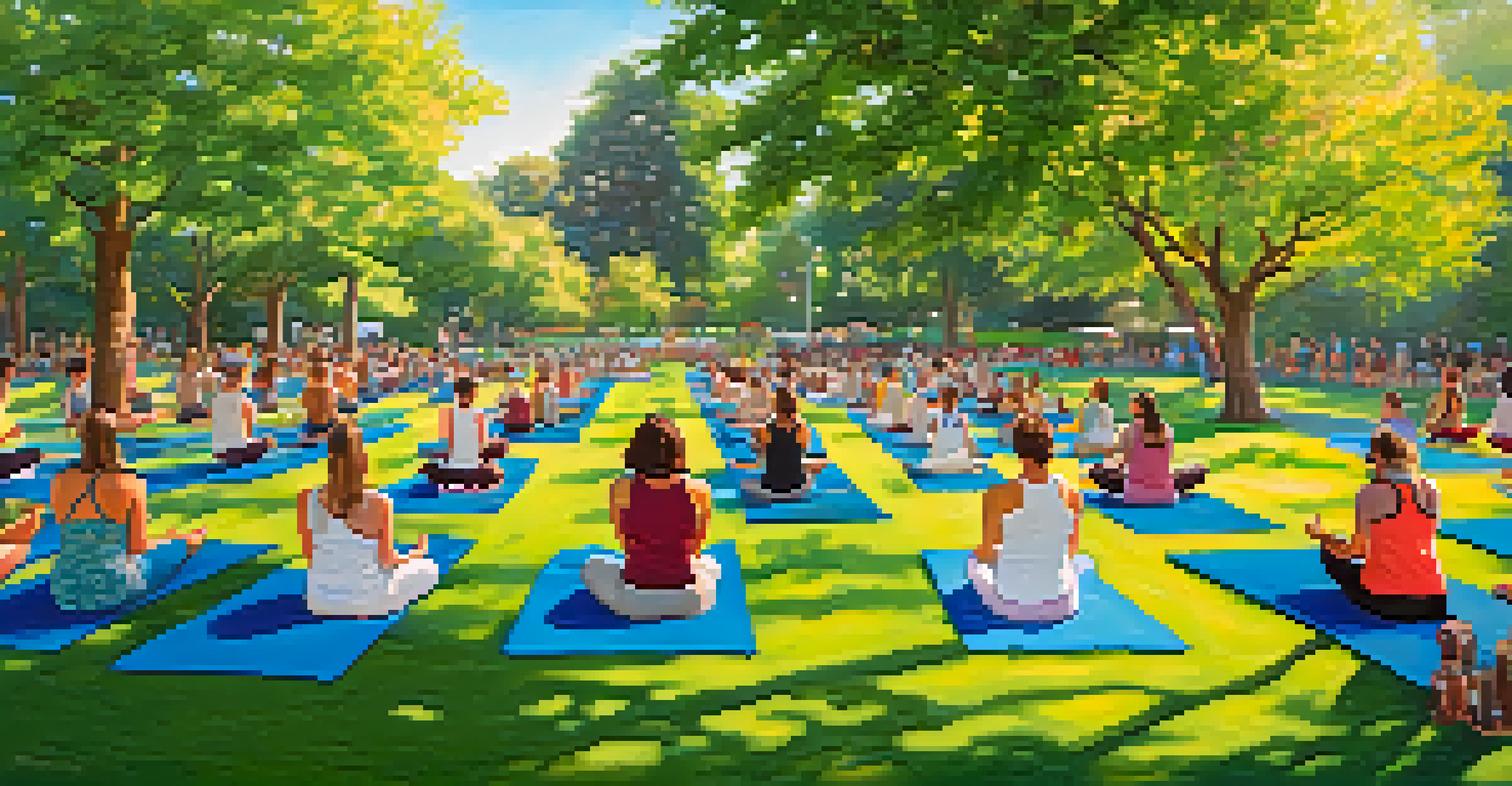 Participants practicing yoga in a lush urban park, surrounded by greenery and colorful flowers under a blue sky.