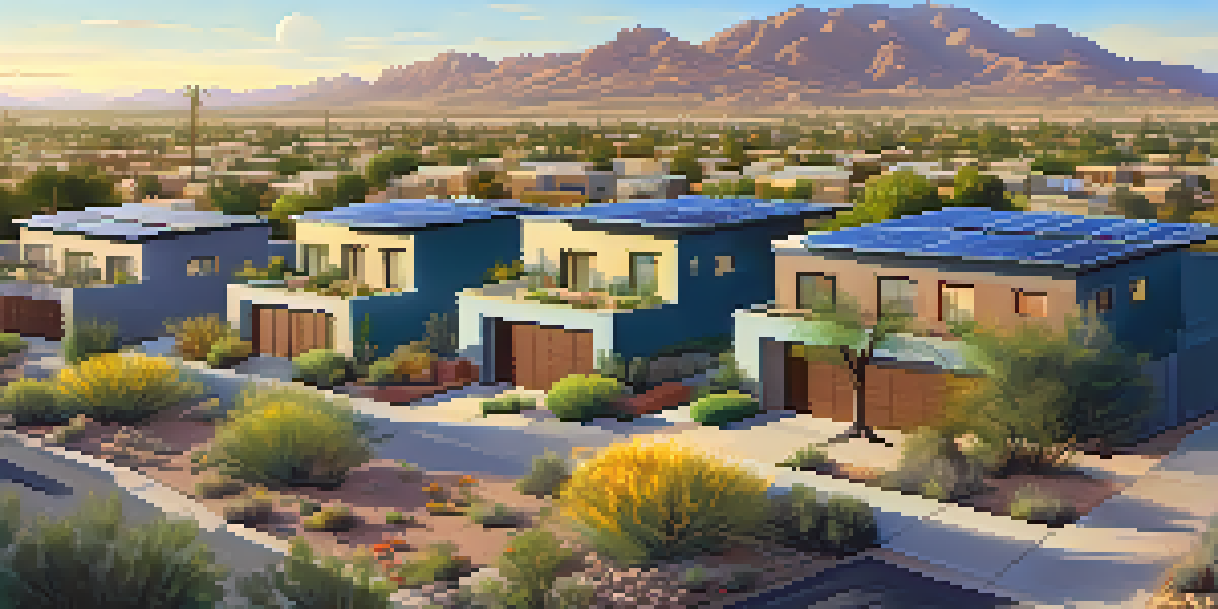 A panoramic view of a Phoenix neighborhood featuring houses with solar panels, bright sunlight, and blooming wildflowers.