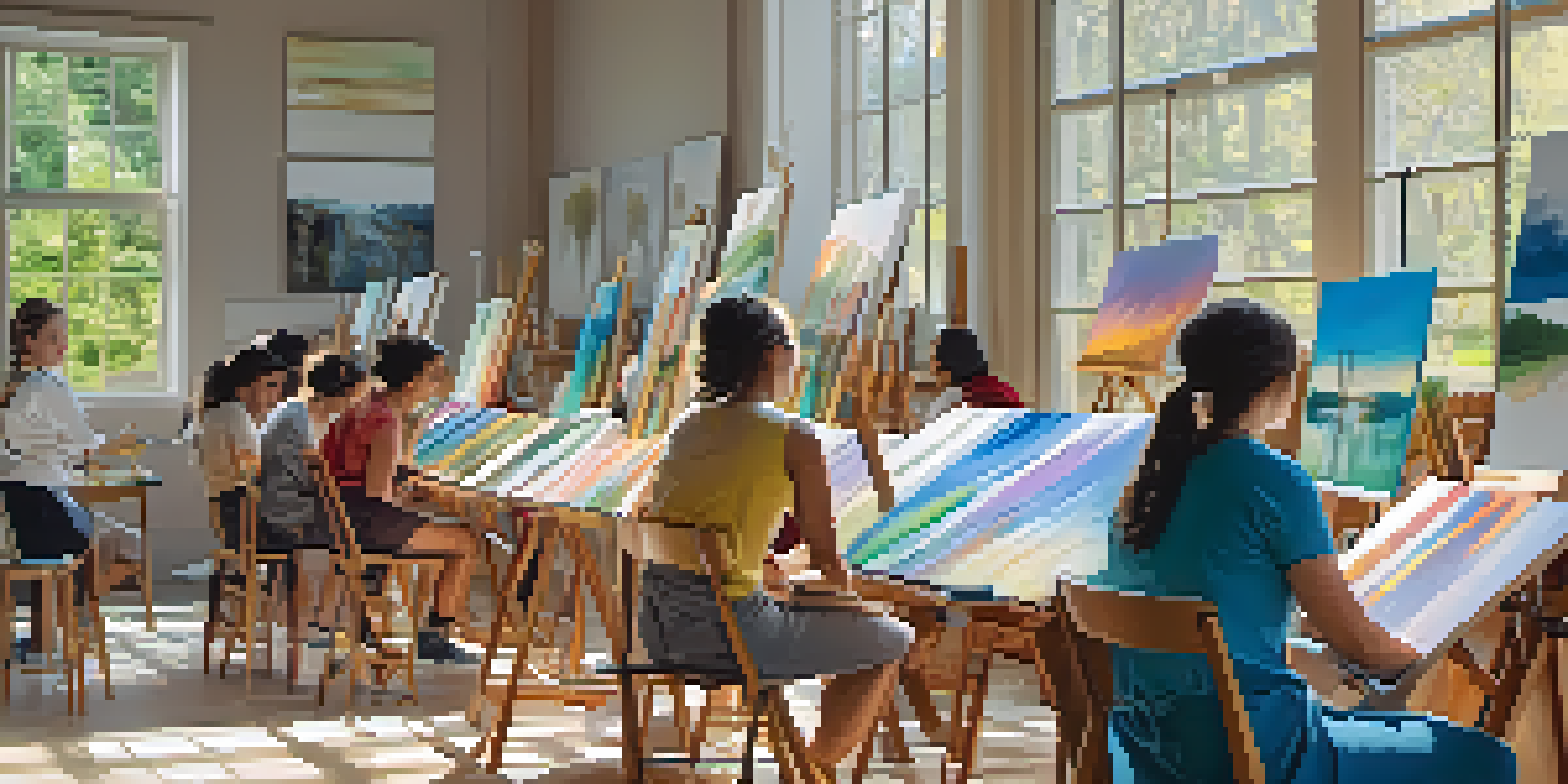 A group of diverse beginners participating in a painting workshop, surrounded by art supplies in a well-lit studio.