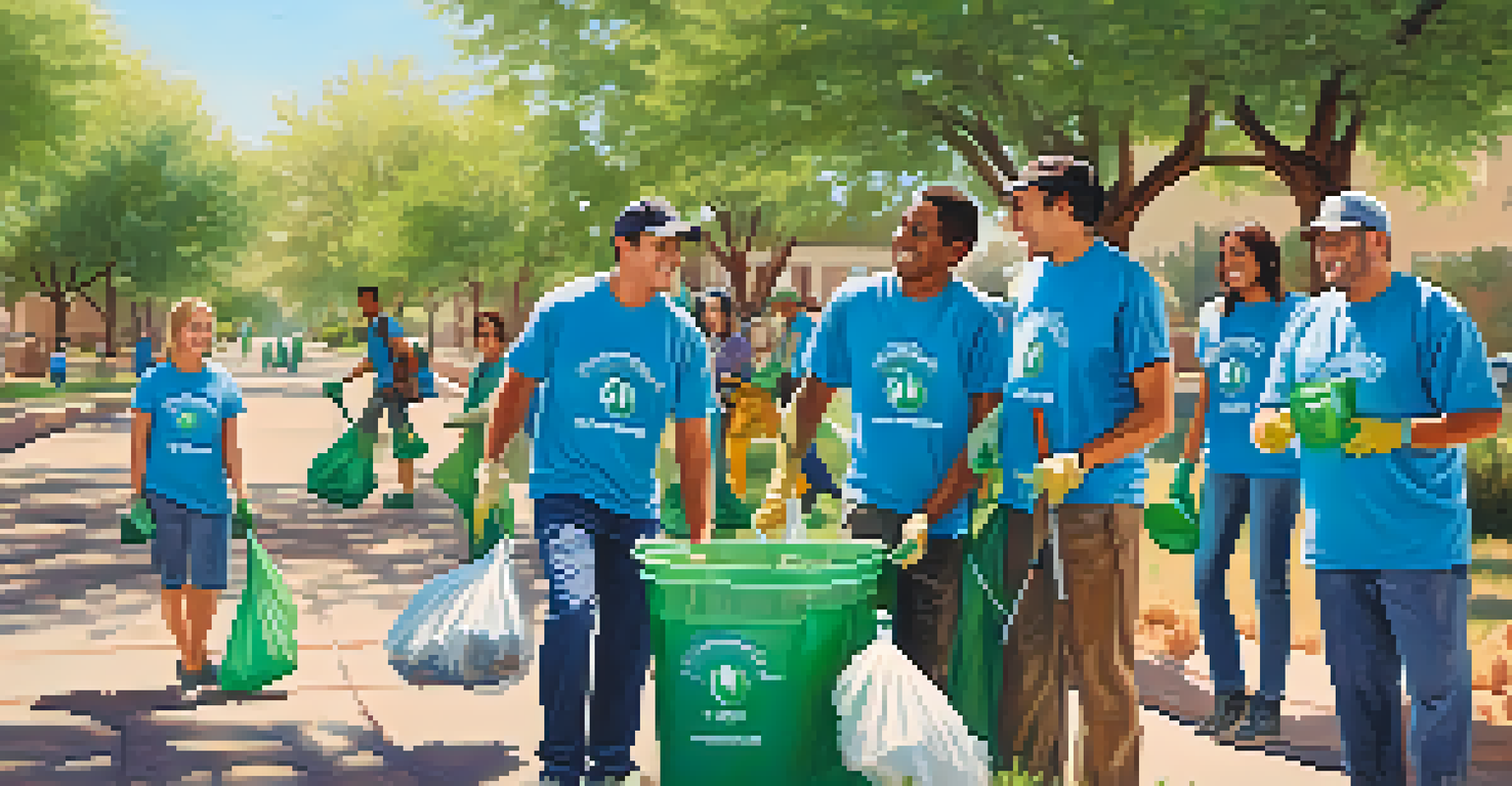 Volunteers cleaning up a park in Phoenix, smiling and working together with bags of collected litter.