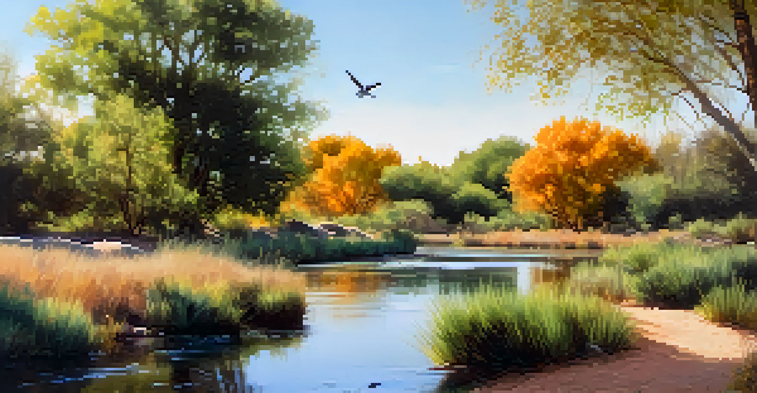 A tranquil view of the Riparian Preserve at Water Ranch in fall, with birds in the sky and greenery surrounding a pond.