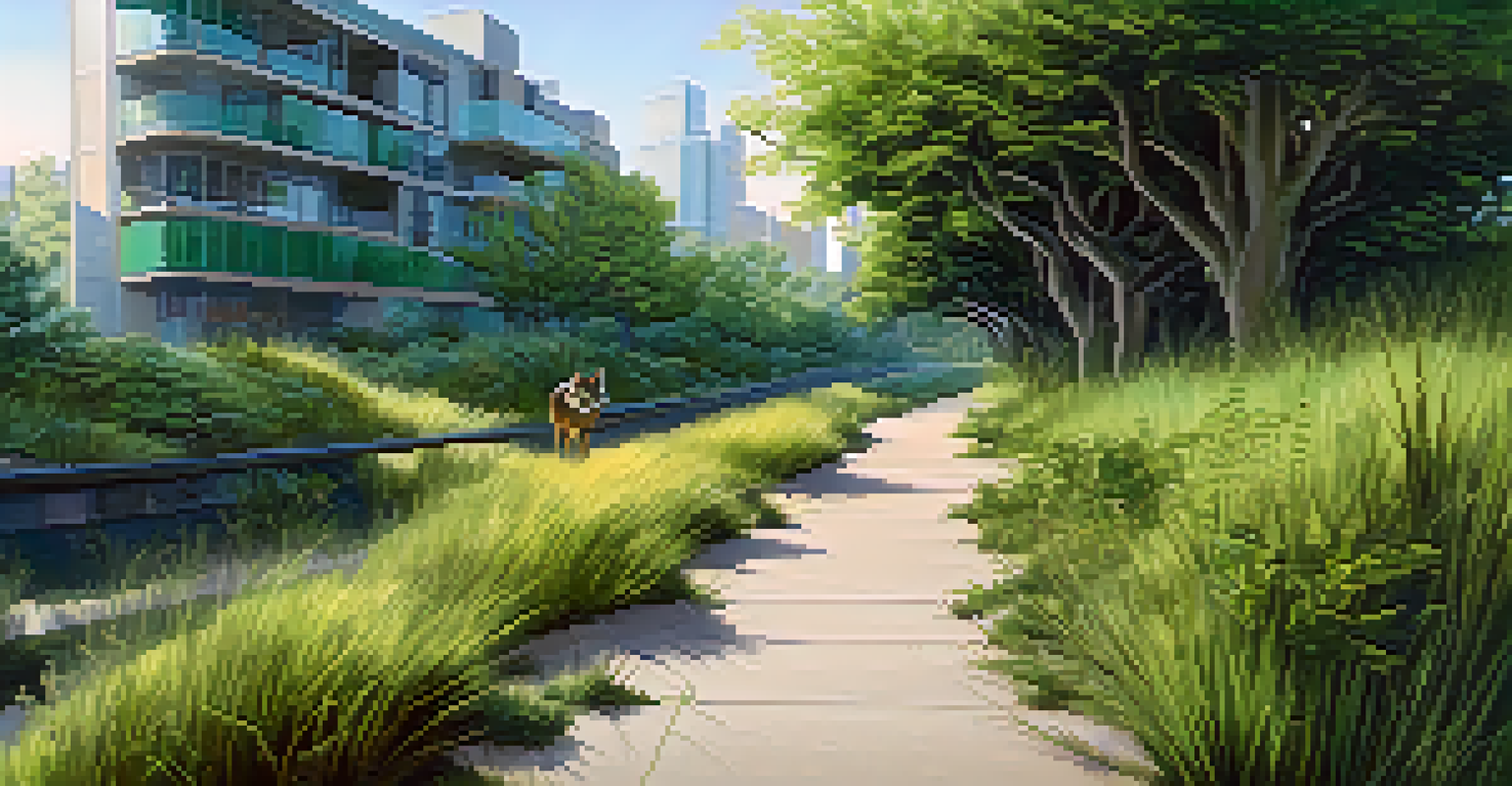 A green corridor in an urban area with a coyote walking along a path lined with native plants and tall buildings in the background.