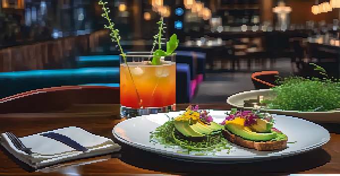 A table setting at The Henry restaurant with avocado toast and a colorful cocktail under warm lighting.