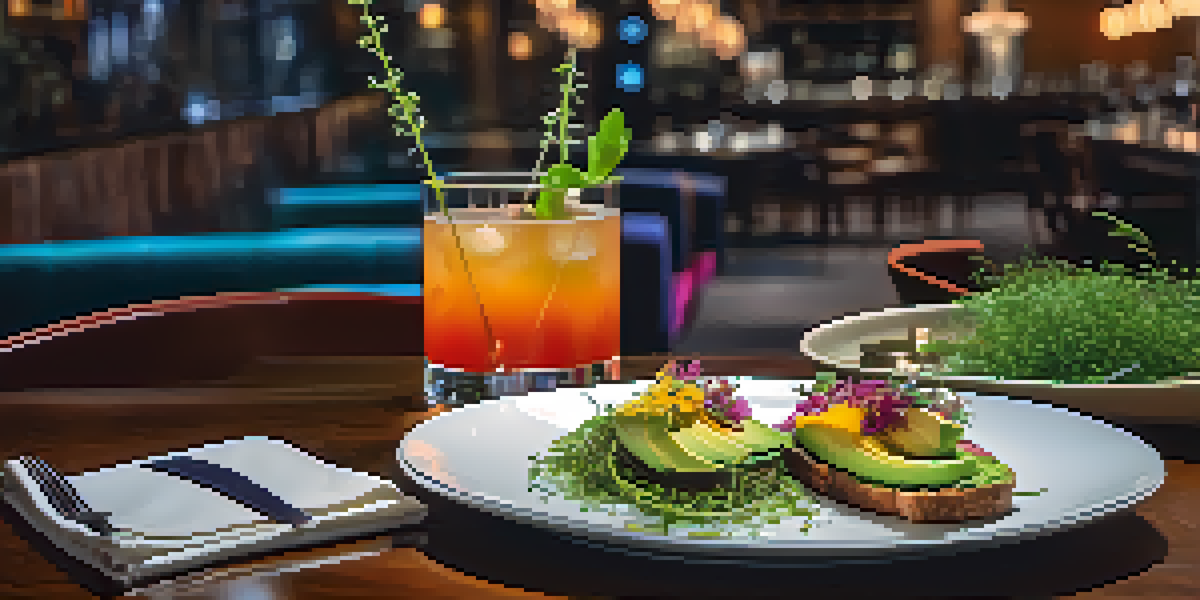 A table setting at The Henry restaurant with avocado toast and a colorful cocktail under warm lighting.