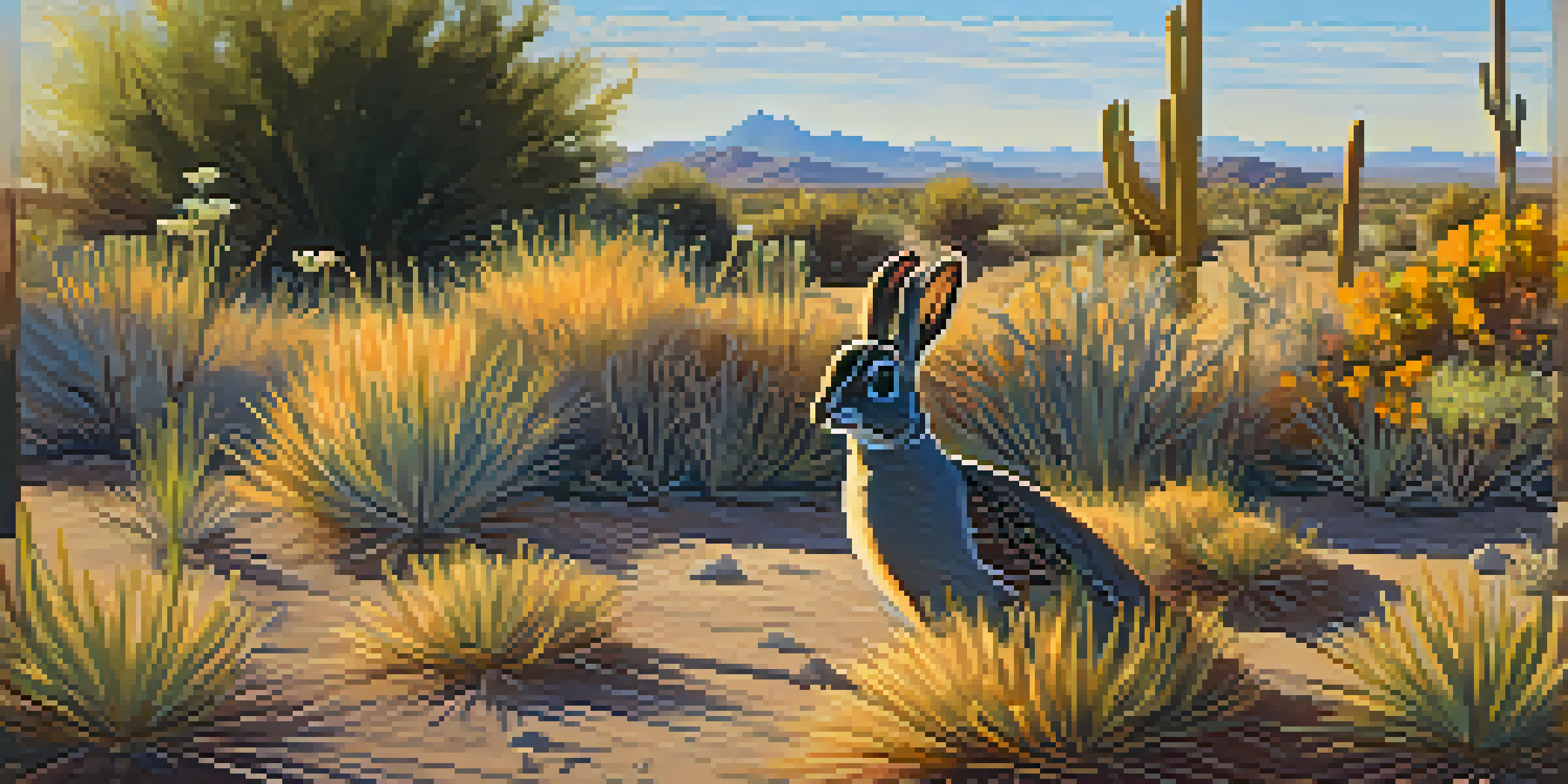 A sunny urban park in Phoenix with a jackrabbit grazing and Gambel's quail foraging amongst native plants.