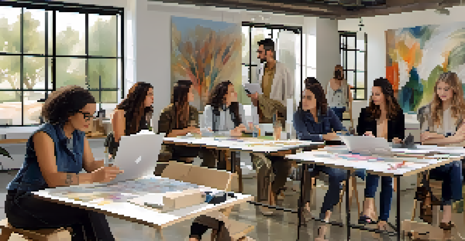 A workshop during Phoenix Fashion Week with aspiring designers learning about sustainable fashion from a seasoned expert, surrounded by eco-friendly materials.