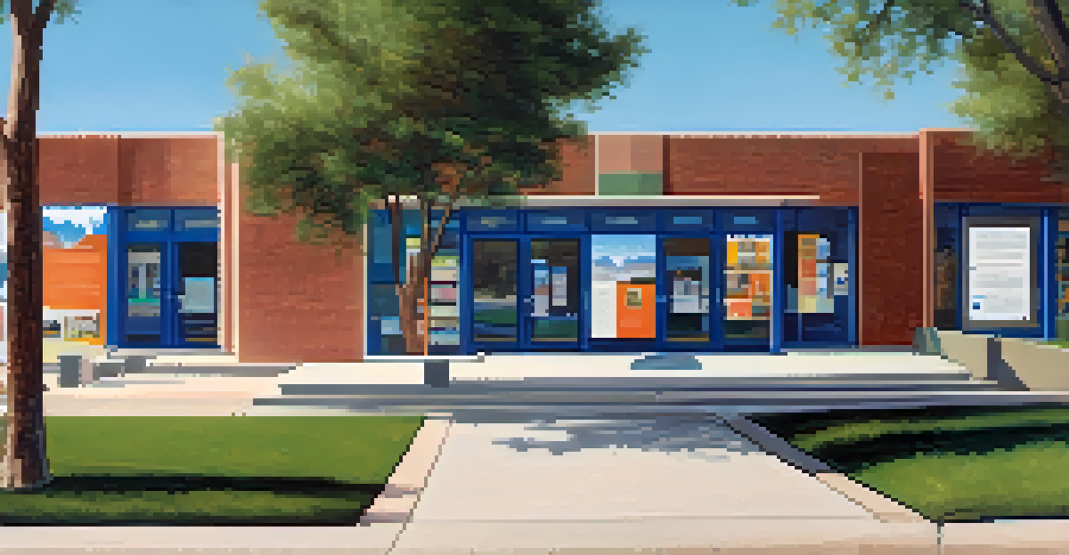 A local Phoenix library with a community bulletin board displaying event flyers, surrounded by people reading and walking by under a bright blue sky.
