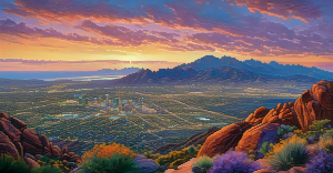 A breathtaking sunrise from Camelback Mountain, with colorful skies and distant mountains, depicting the valley below.