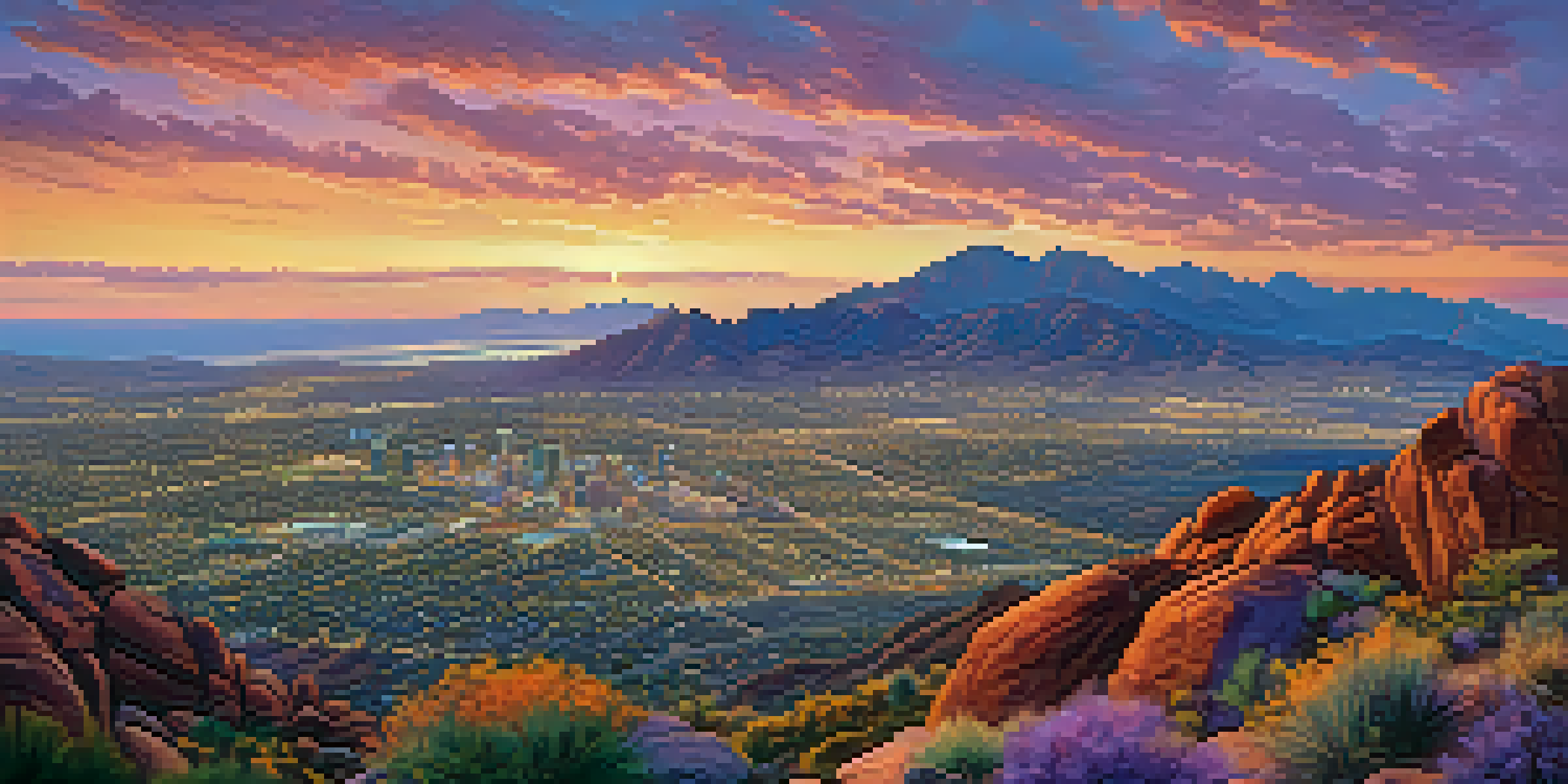 A breathtaking sunrise from Camelback Mountain, with colorful skies and distant mountains, depicting the valley below.
