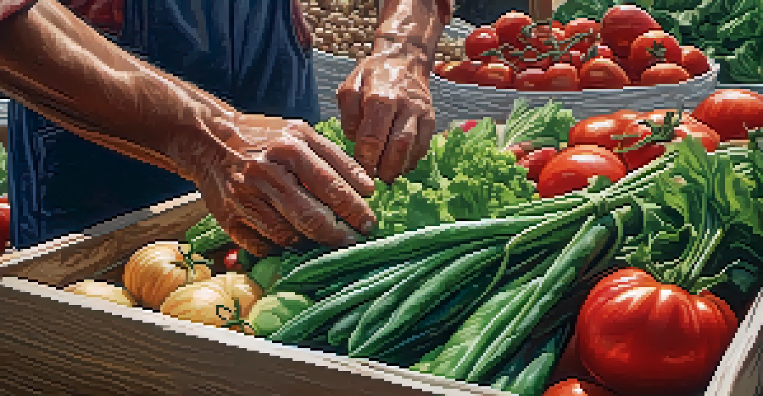 A close-up of a farmer's hands choosing fresh organic vegetables, showcasing their textures and colors.