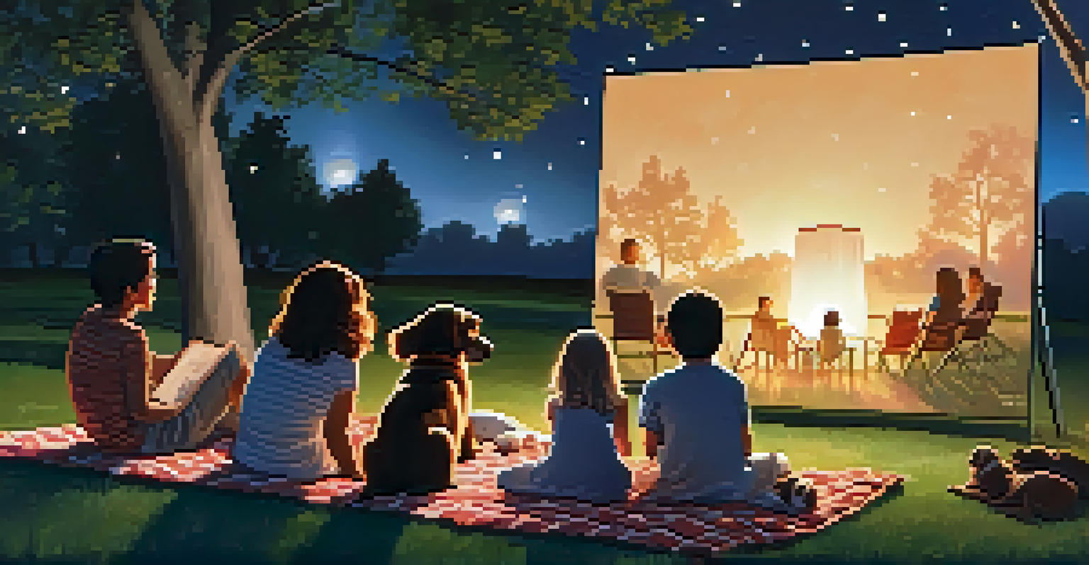 A cozy outdoor movie night with families and their dogs relaxing on blankets under the stars, enjoying a film on a large screen.