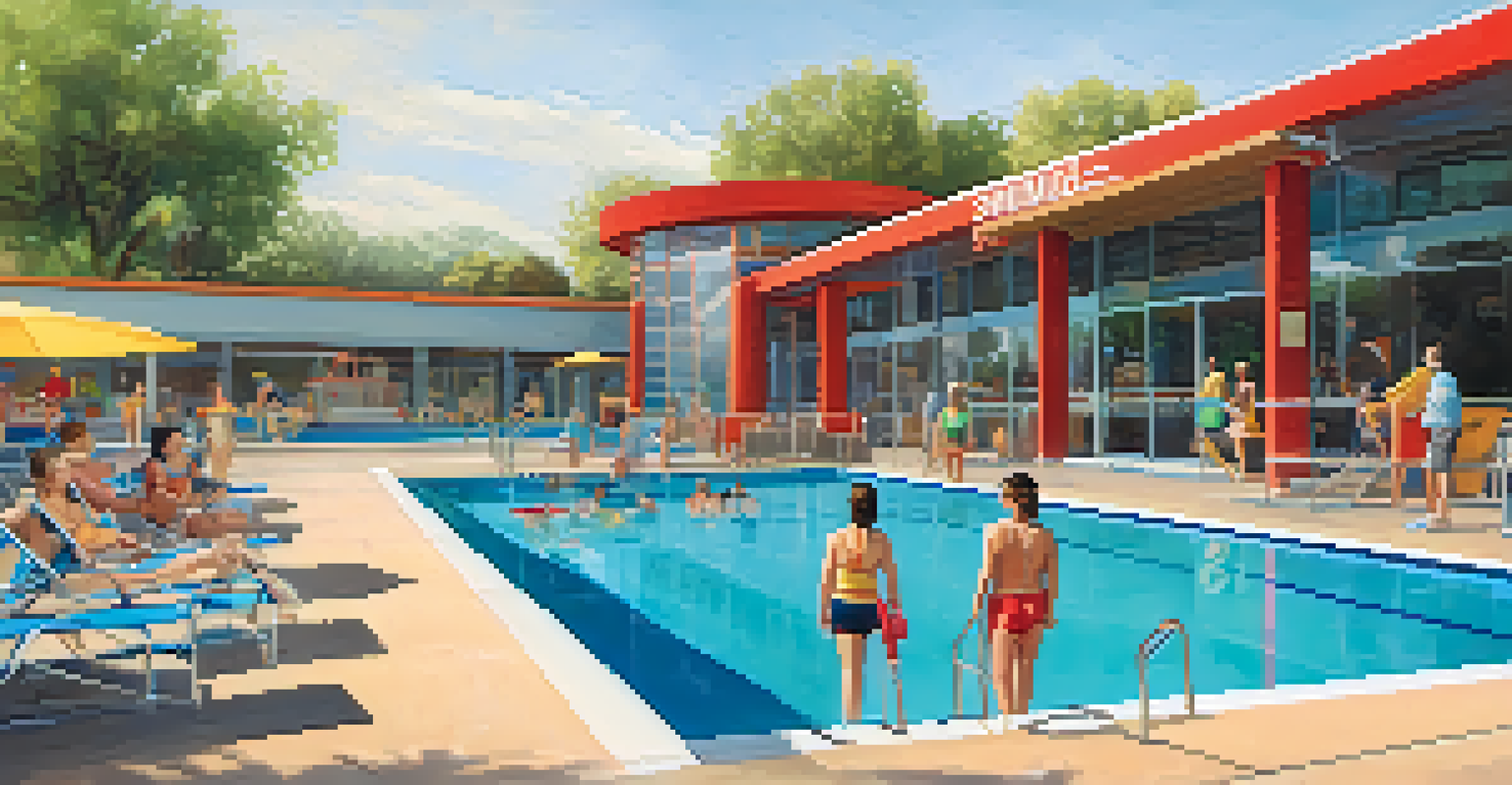 An accessible swimming pool in Phoenix with ramps and pool lifts, a lifeguard on duty, and families enjoying the facilities in a bright and welcoming environment.