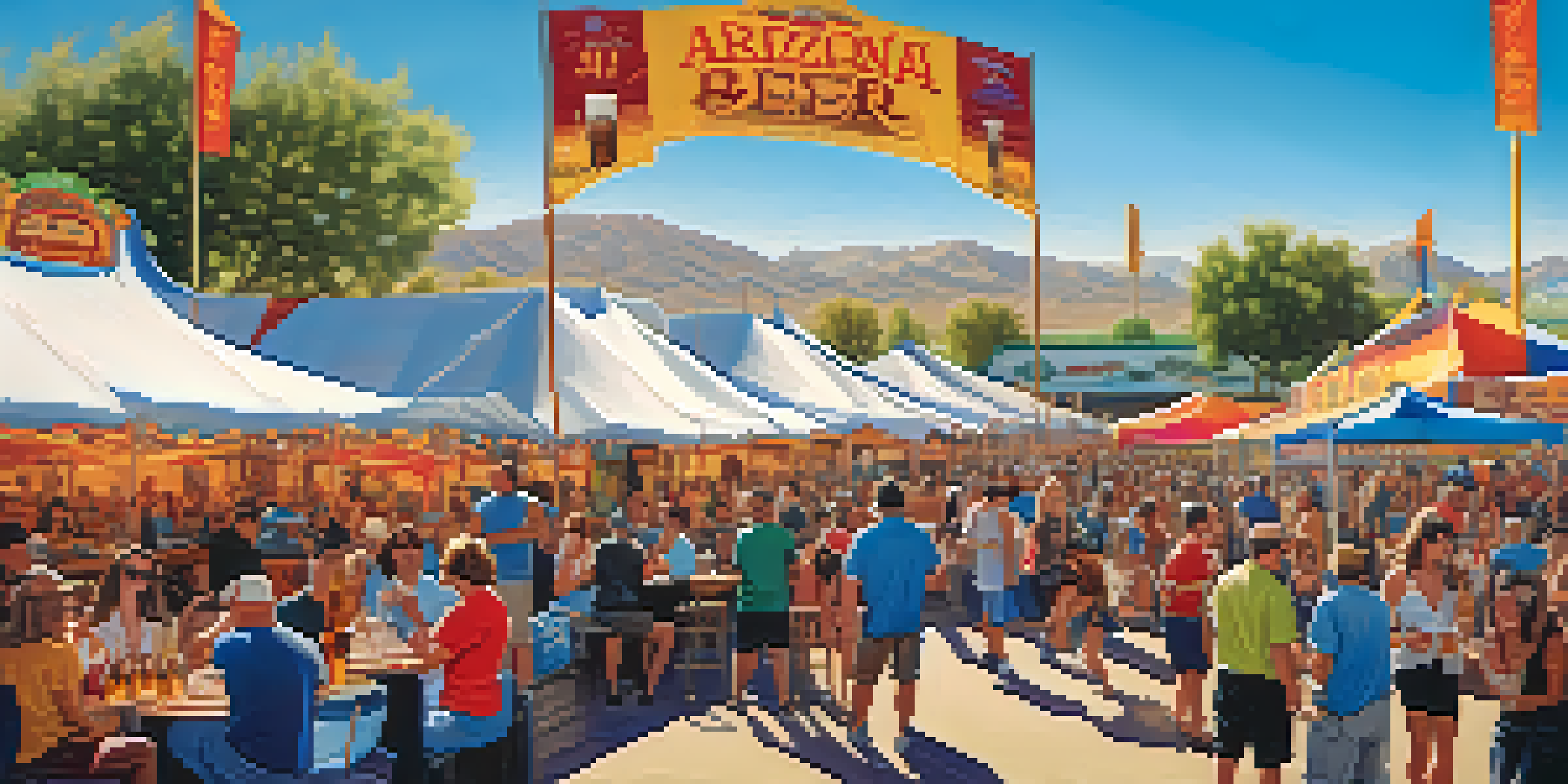 A lively outdoor festival scene with people enjoying craft beers, colorful tents, food vendors, and a live band.