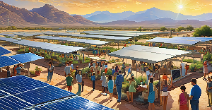 A sunny scene at a solar farm in Phoenix, with solar panels, mountains, and a diverse group of people engaged in a community event about renewable energy.