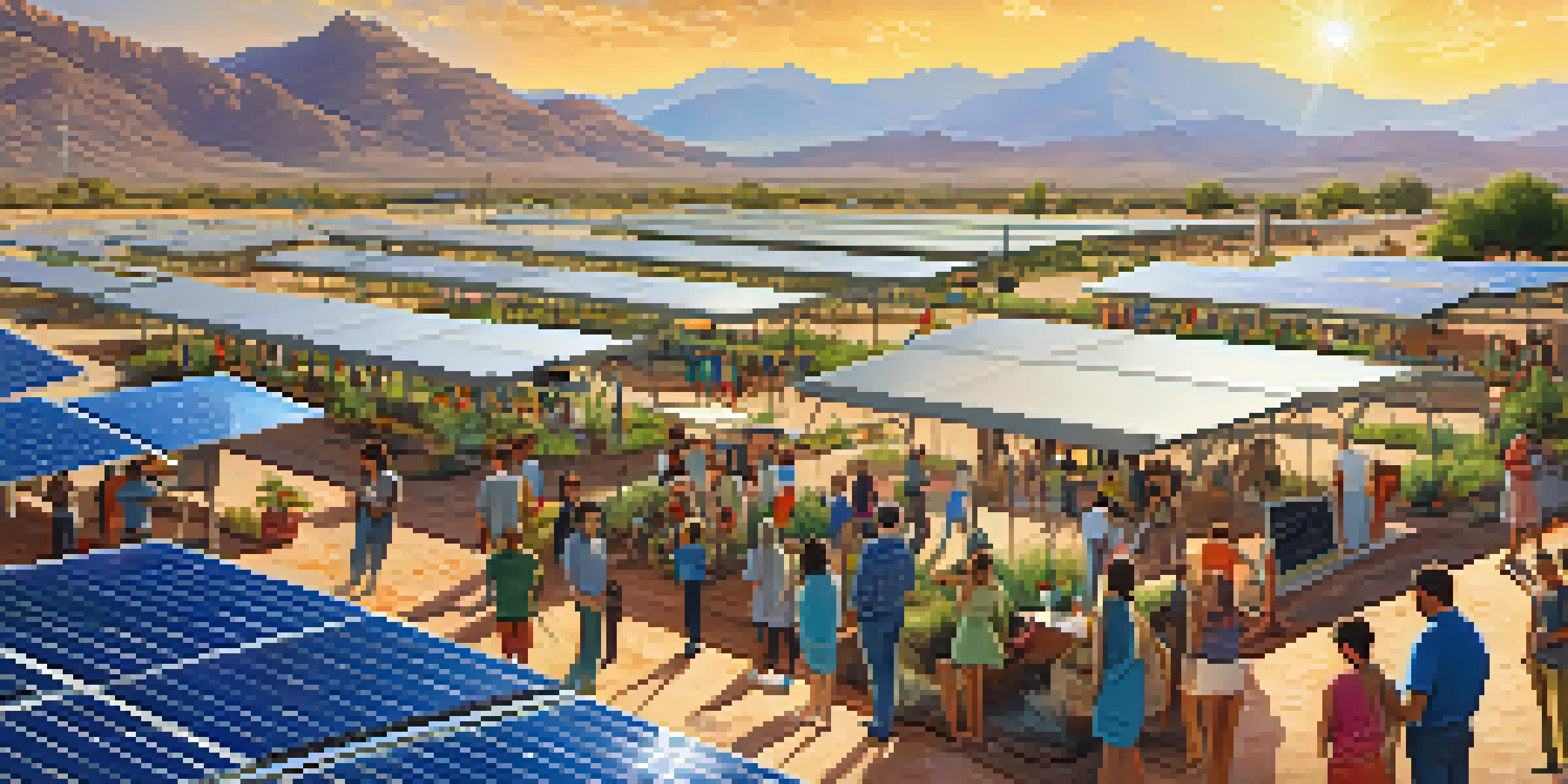 A sunny scene at a solar farm in Phoenix, with solar panels, mountains, and a diverse group of people engaged in a community event about renewable energy.