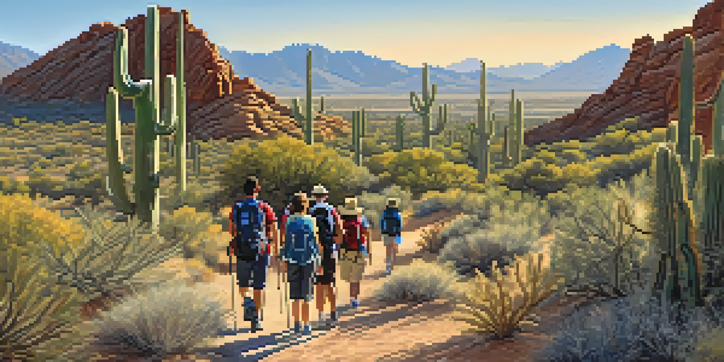 A group of diverse hikers on a beginner trail in Phoenix, Arizona, surrounded by desert landscape and saguaro cacti under a clear blue sky.