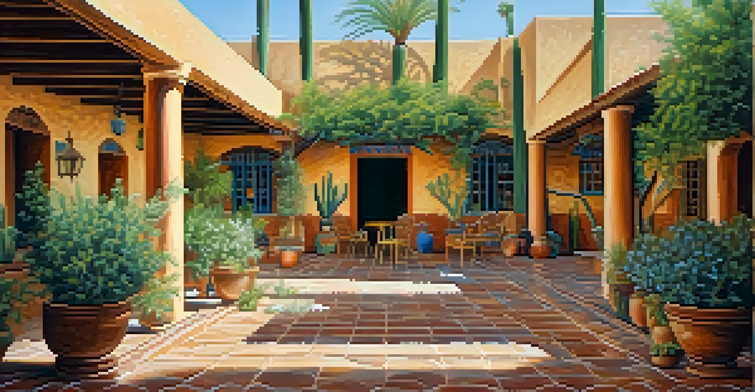 A beautiful courtyard of an adobe building with colorful tiles and murals, surrounded by greenery and wooden furniture.