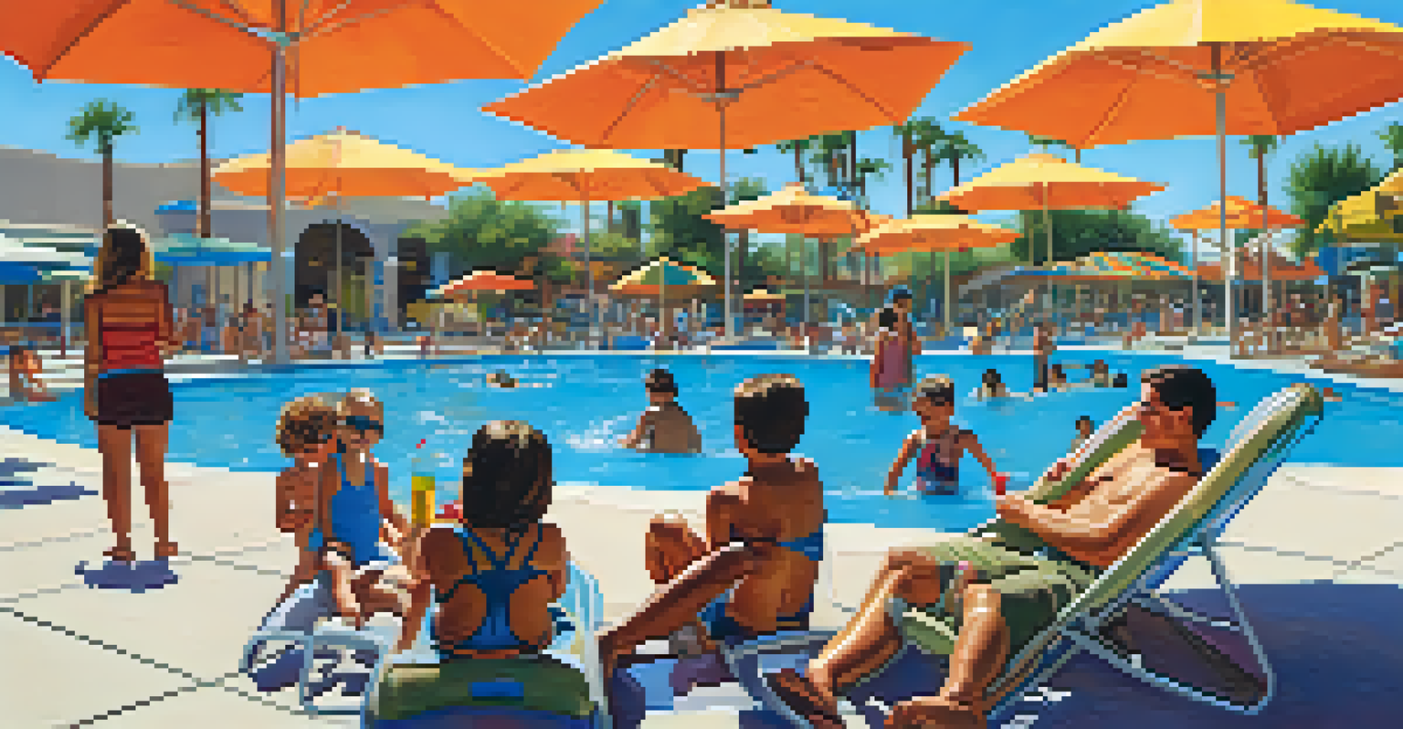 Families enjoying a sunny day at an aquatic center in Phoenix, with children splashing in the pool and adults relaxing nearby.