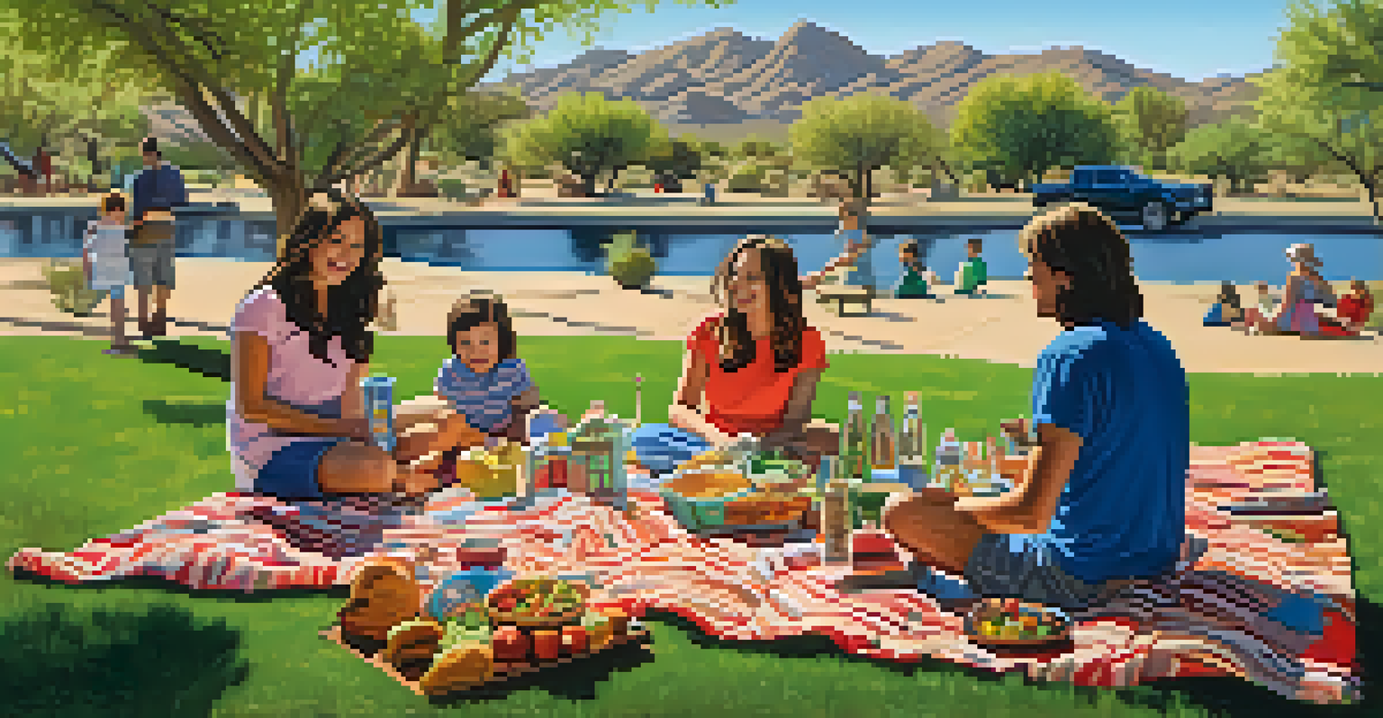 A family having a picnic in a park with green grass and desert plants in the background under a blue sky.