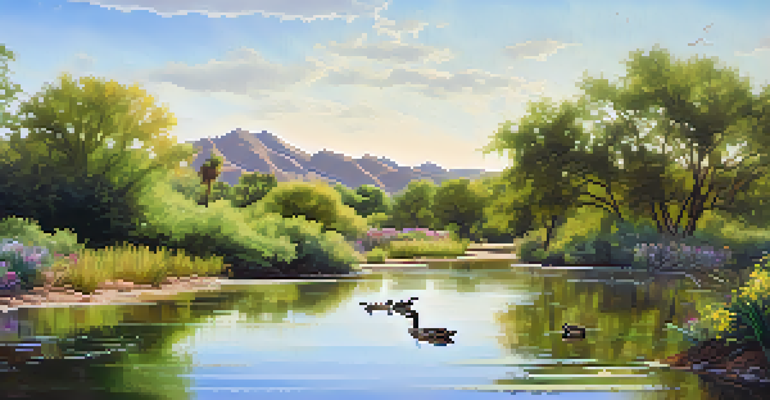 A family enjoying a nature scavenger hunt at the Riparian Preserve, with ducks and turtles by a tranquil lake.