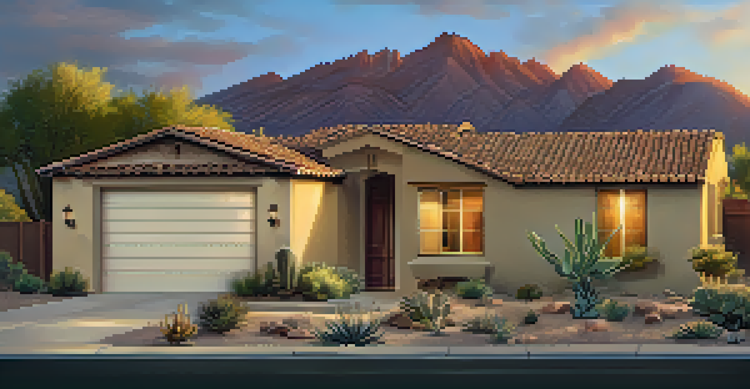 A charming single-family home in Phoenix with a landscaped front yard and a backdrop of mountains at sunset.