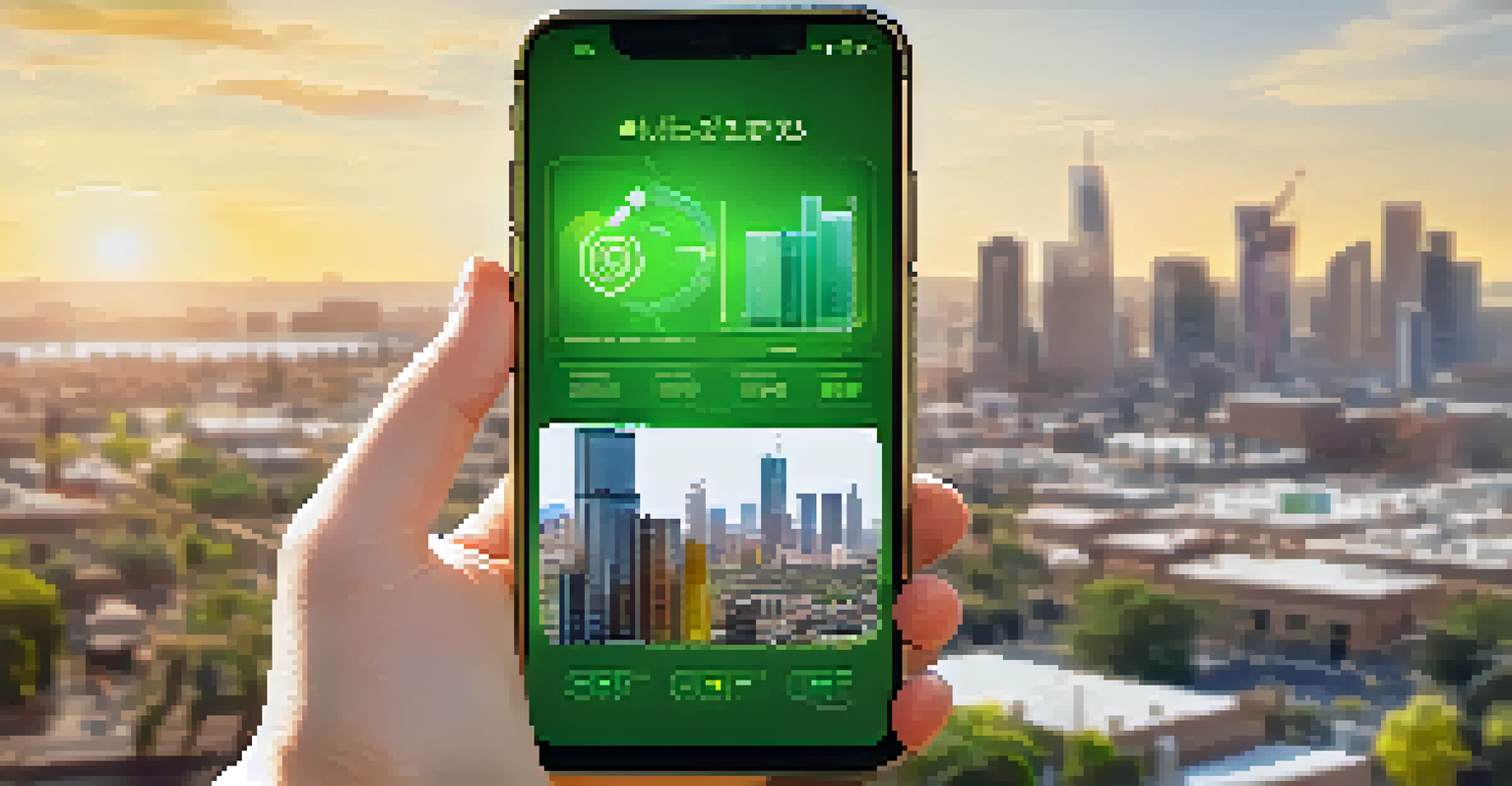 Close-up of a hand holding a smartphone with a green technology app against a cityscape.