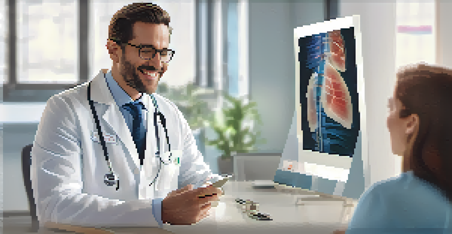 A doctor smiling during a video call with a patient in a well-equipped clinic.