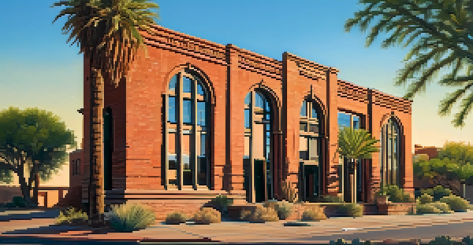 A historical building in Phoenix bathed in sunset light, surrounded by desert plants and a blue sky.