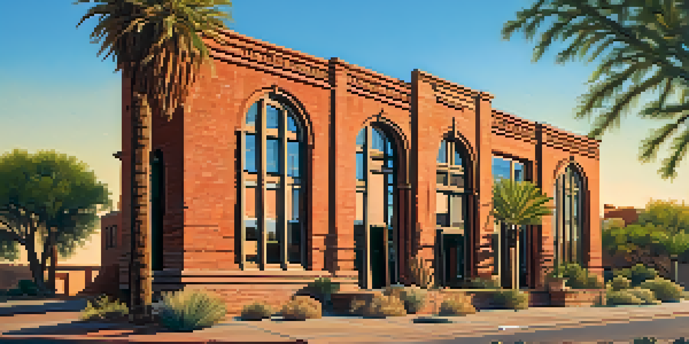 A historical building in Phoenix bathed in sunset light, surrounded by desert plants and a blue sky.