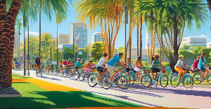 A community bike-sharing event in a sunny park with residents riding bicycles and promoting green transportation.