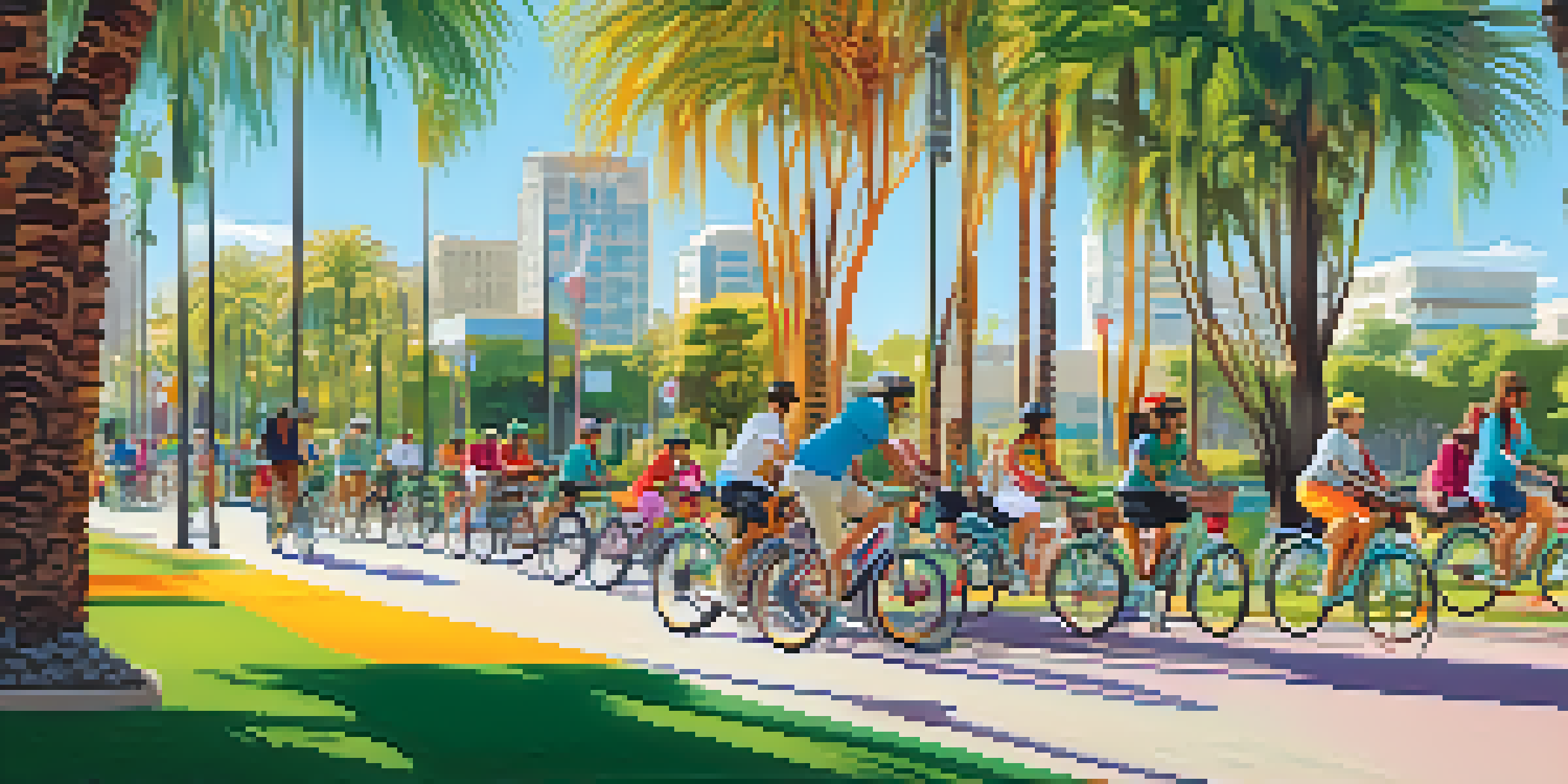 A community bike-sharing event in a sunny park with residents riding bicycles and promoting green transportation.